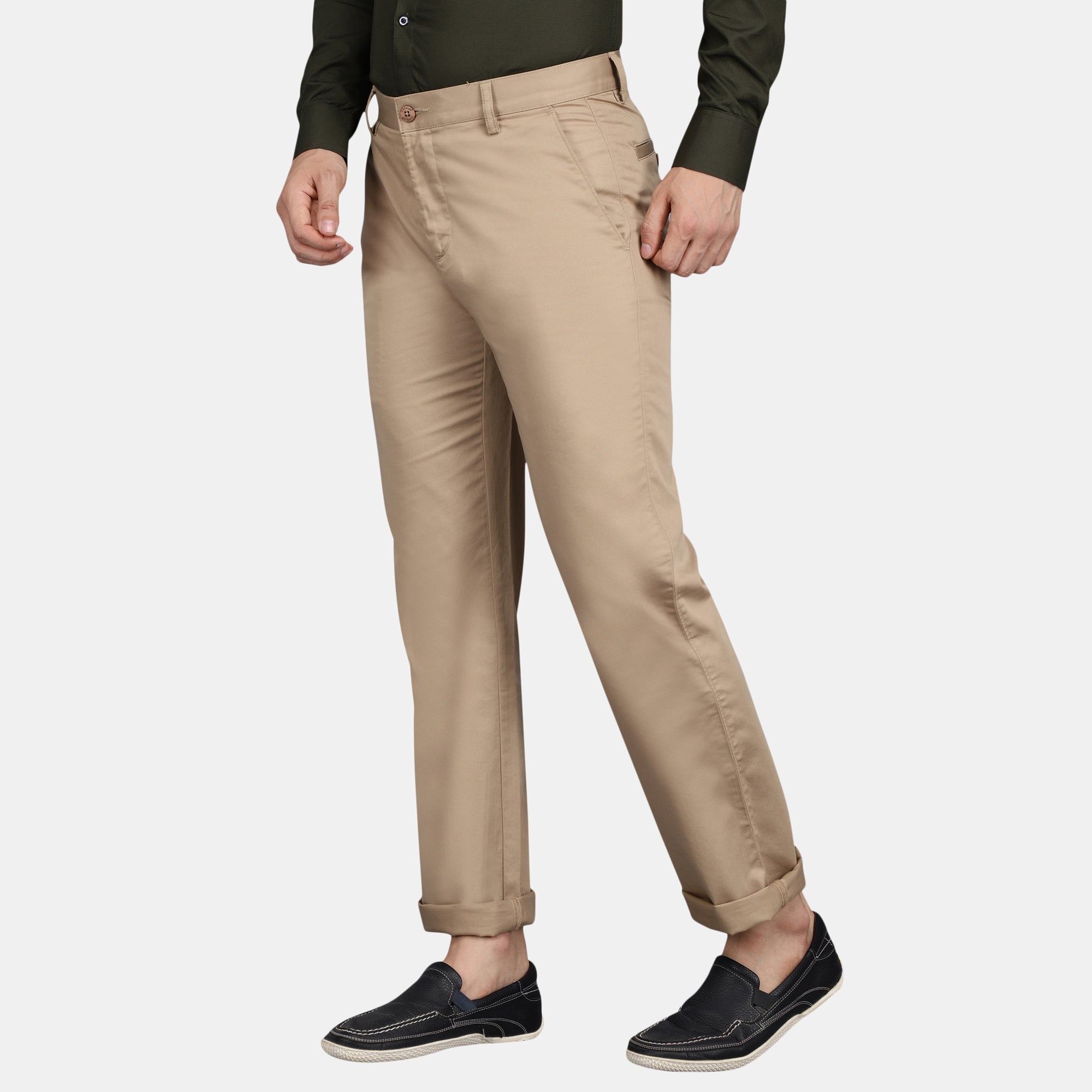 Men's Cotton Mercerised Solid Beige Trousers - Beige / 30 / WITHOUT PLEATS