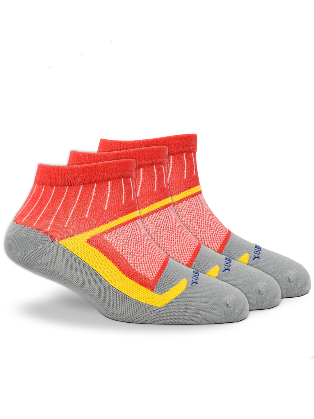 Young Wings Anti-Bacterial Dri-Fit Ankle Length Running Socks - Pack of 3 Pairs, Colour: Red/Grey