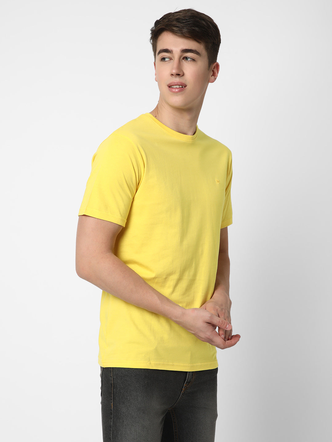 Cotstyle Cotton Fabrics Round Neck Short Length Plain Half Sleeve Casual & Daily Wear Men's T-Shirts -  Pack of 1 - Yellow