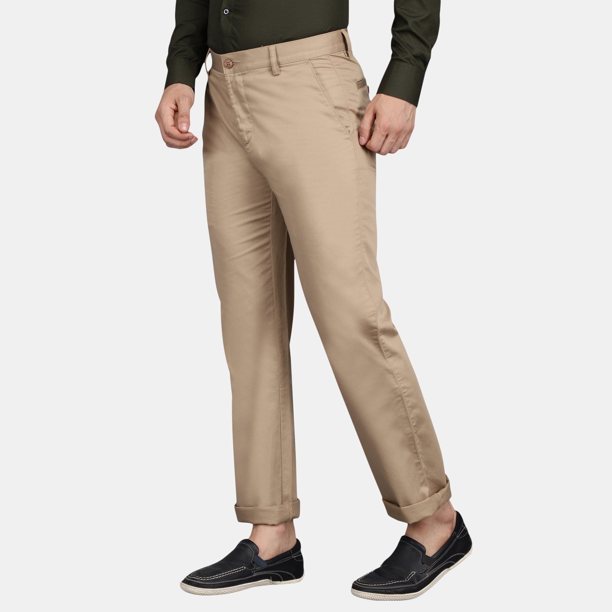 Men's Cotton Mercerised Solid Beige Trousers