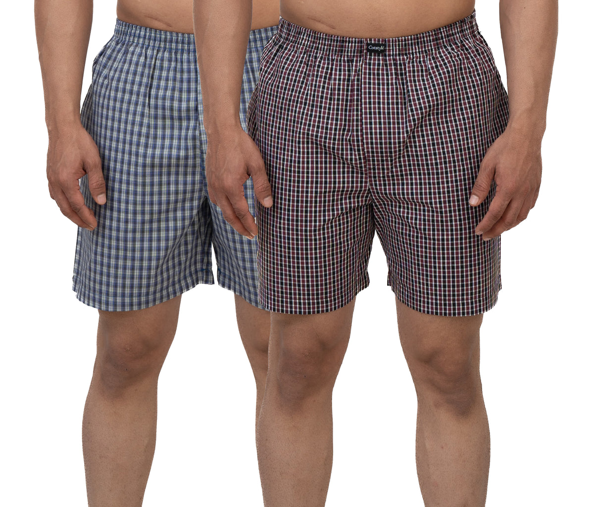 Cotstyle Red & Blue Colour Cotton Fabrics Checks Printed Above Knee Length Casuals Mens Wear Boxers - Pack of 2