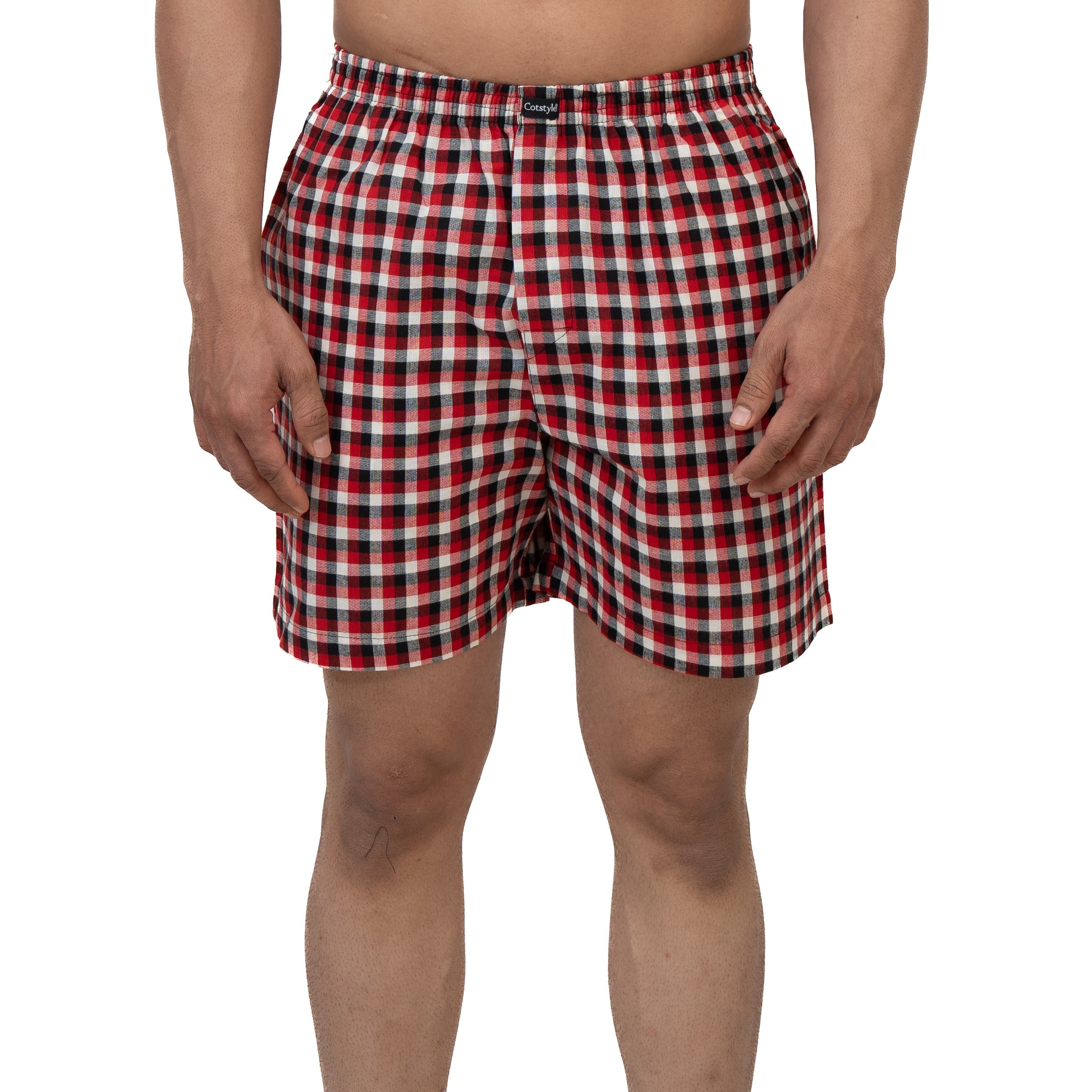 Cotstyle Red & Black Colour Cotton Fabrics Checks Printed Above Knee Length Casuals Mens Wear Boxers - Pack of 2