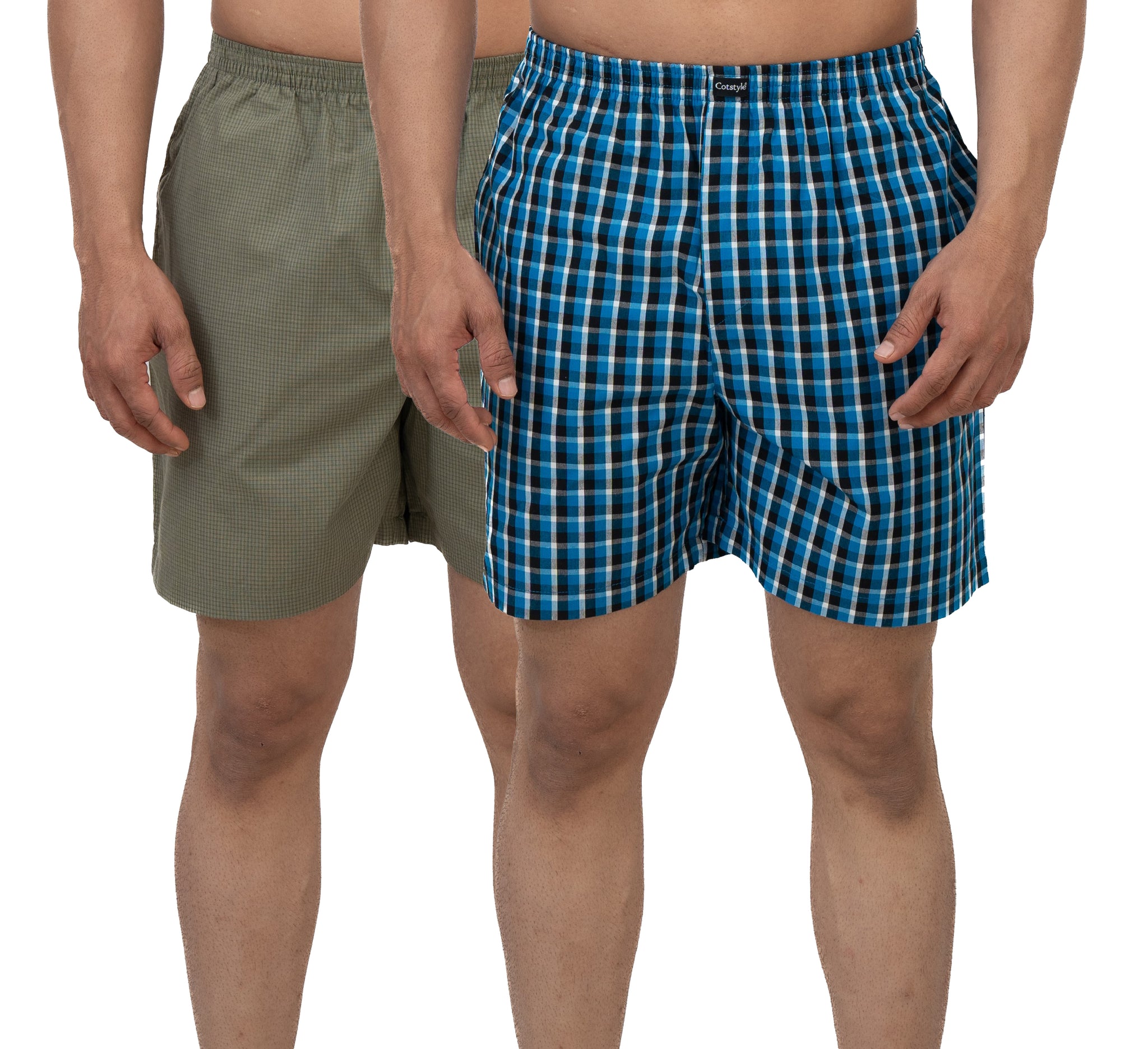 Cotstyle Beige & Blue Colour Cotton Fabrics Checks Printed Above Knee Length Casuals Mens Wear Boxers - Pack of 2