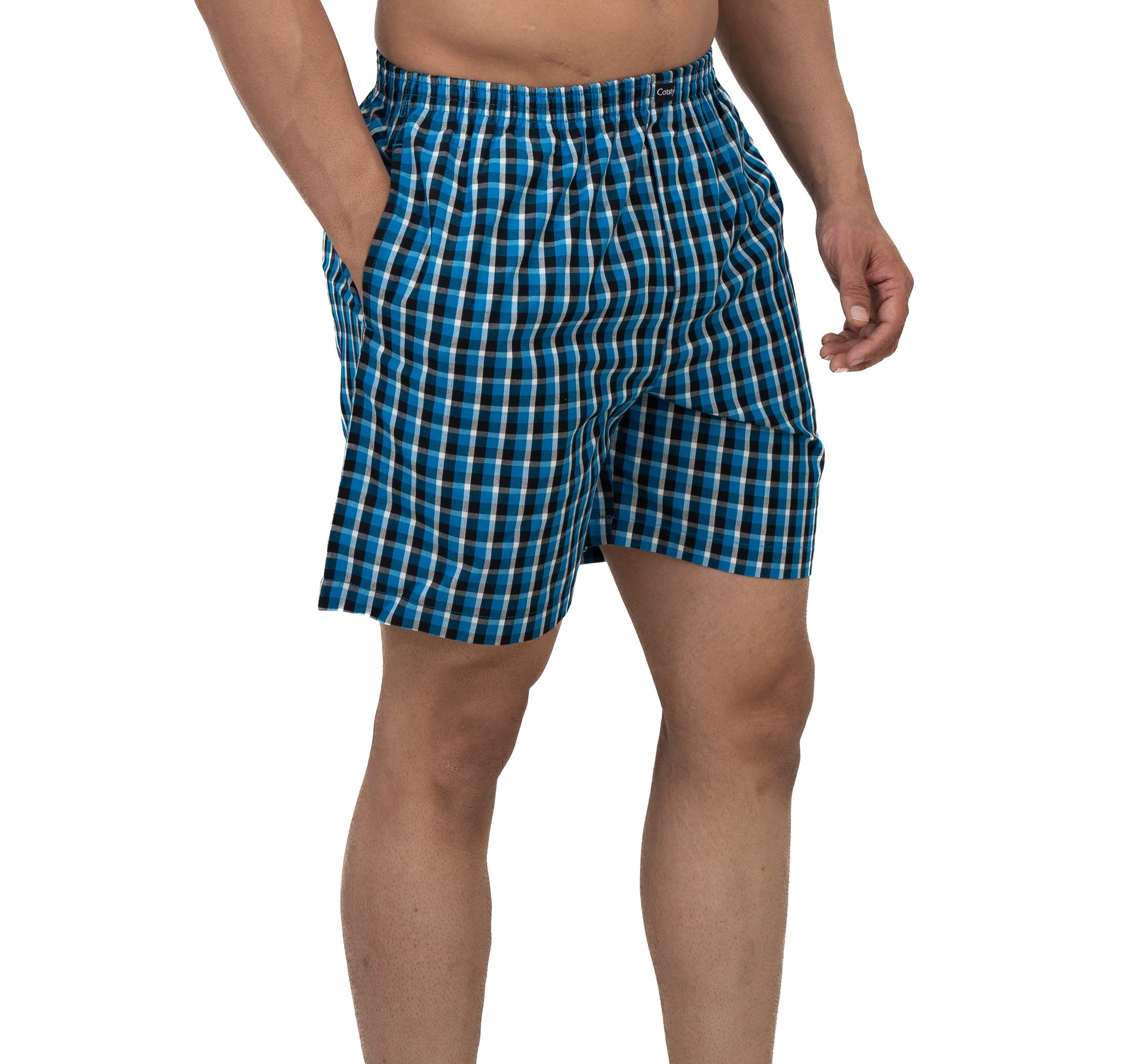 Cotstyle Beige & Blue Colour Cotton Fabrics Checks Printed Above Knee Length Casuals Mens Wear Boxers - Pack of 2