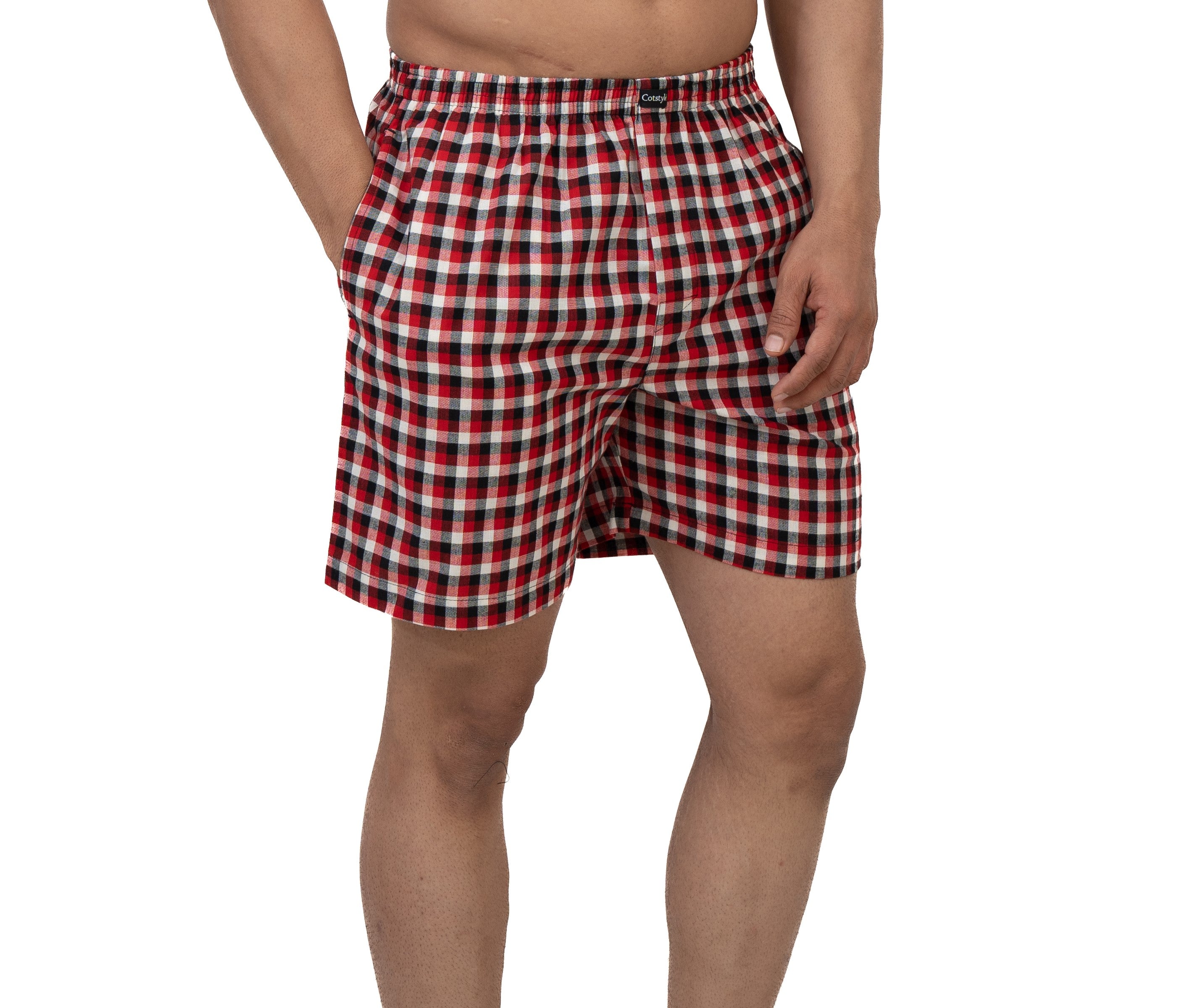 Cotstyle Red & Black Colour Cotton Fabrics Checks Printed Above Knee Length Casuals Mens Wear Boxers - Pack of 2