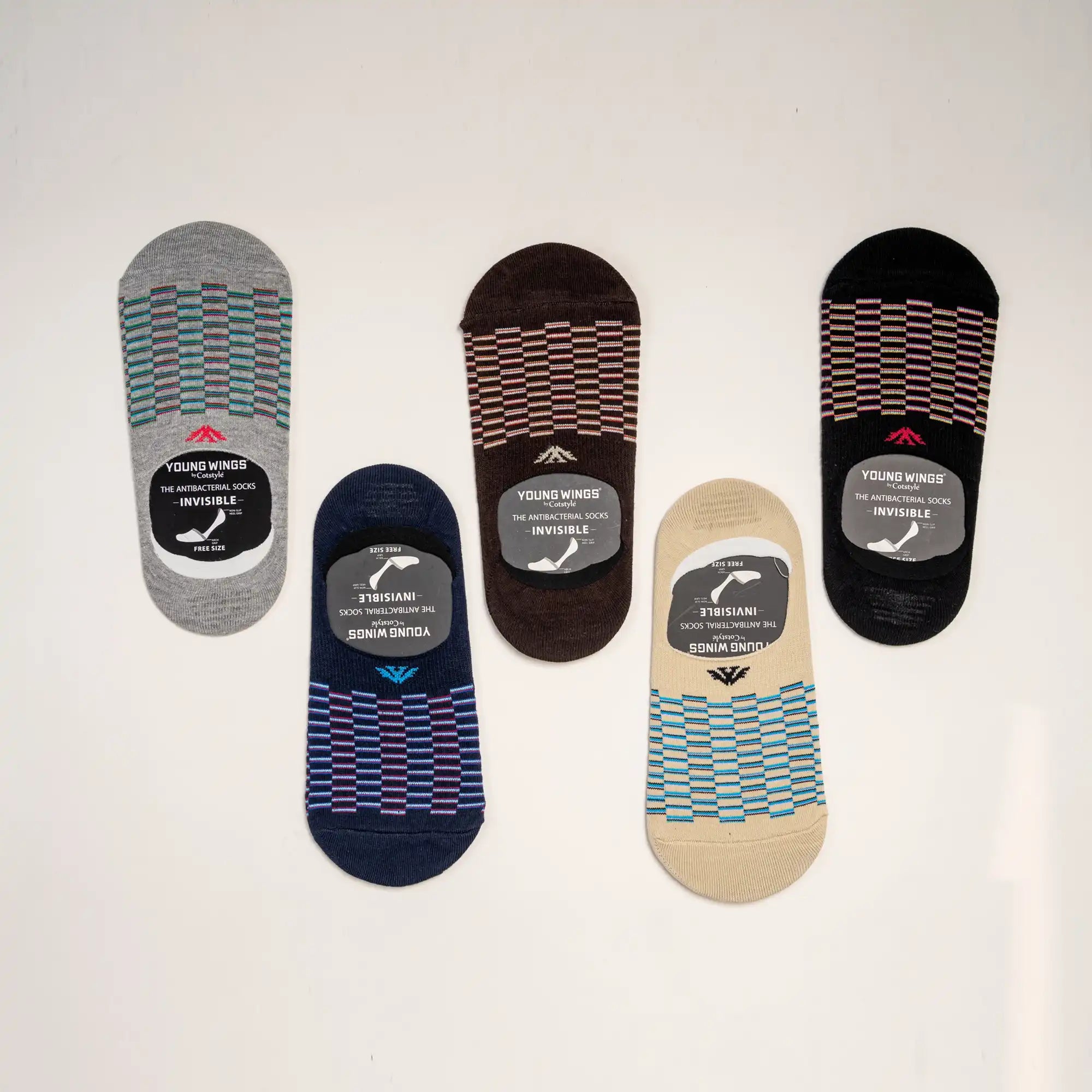 Young Wings Men's Multi Colour Cotton Fabric Design No-Show Socks - Pack of 5, Style no. M1-111 N