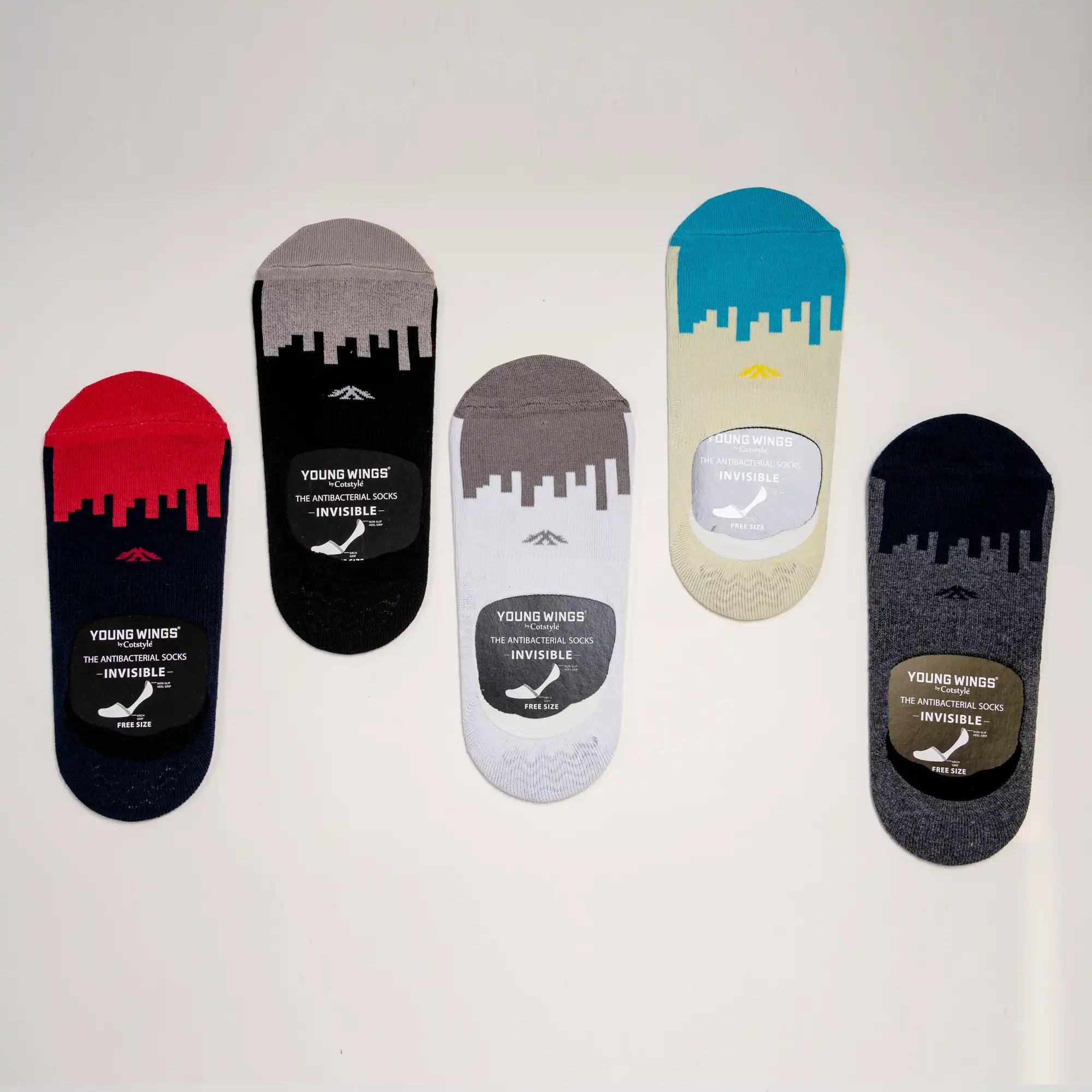Young Wings Men's Multi Colour Cotton Fabric Design No-Show Socks - Pack of 5, Style no. M1-132 N