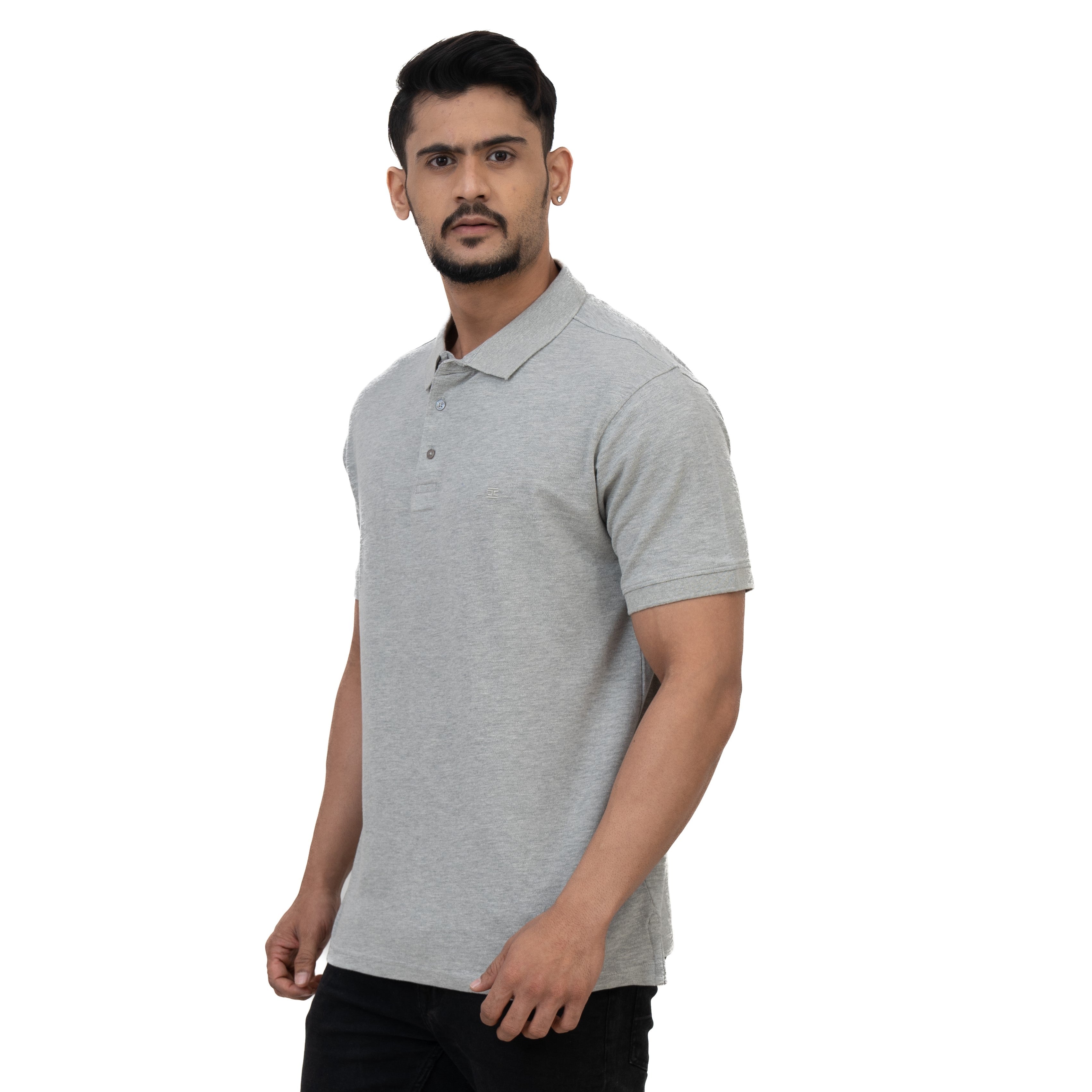 Grey Melange Plain Collar Polo T-shirt