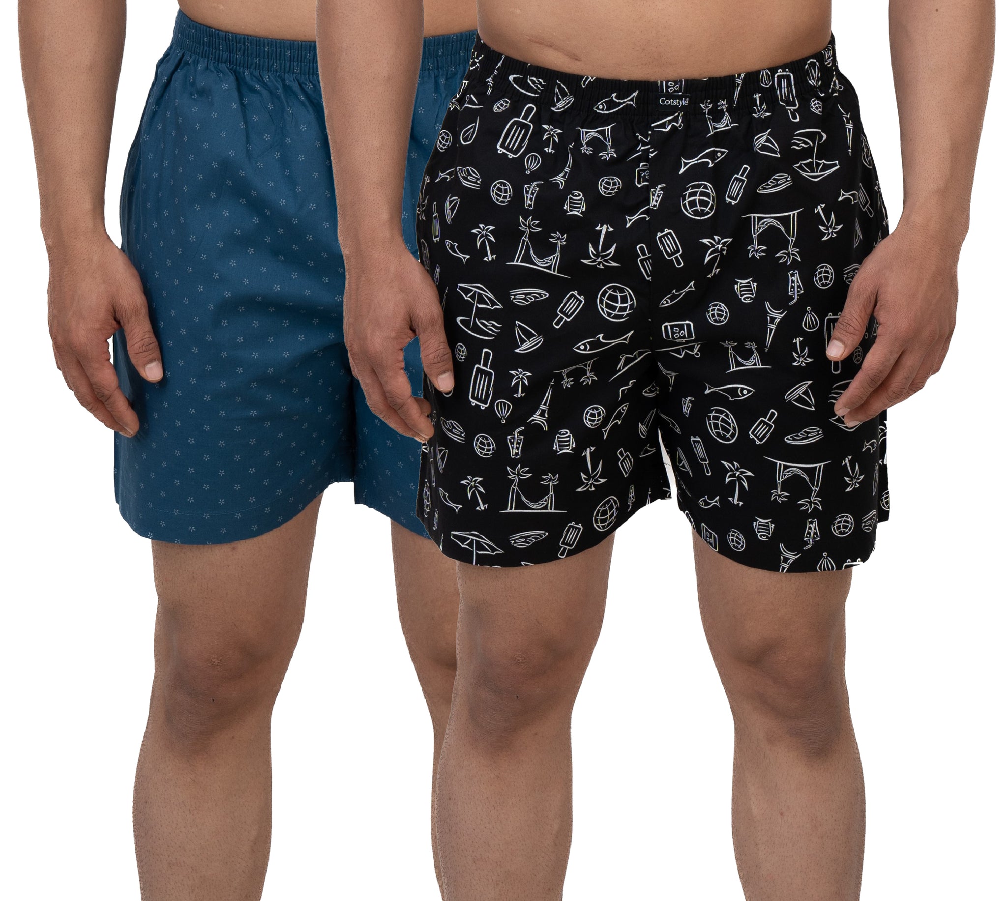 Cotstyle Black & Blue Colour Cotton Fabrics Checks Printed Above Knee Length Casuals Mens Wear Boxers - Pack of 2