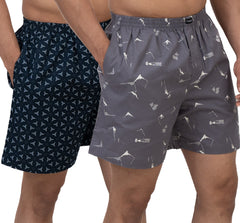 Cotstyle Navy Blue & Grey Colour Cotton Fabrics Checks Printed Above Knee Length Casuals Mens Wear Boxers - Pack of 2