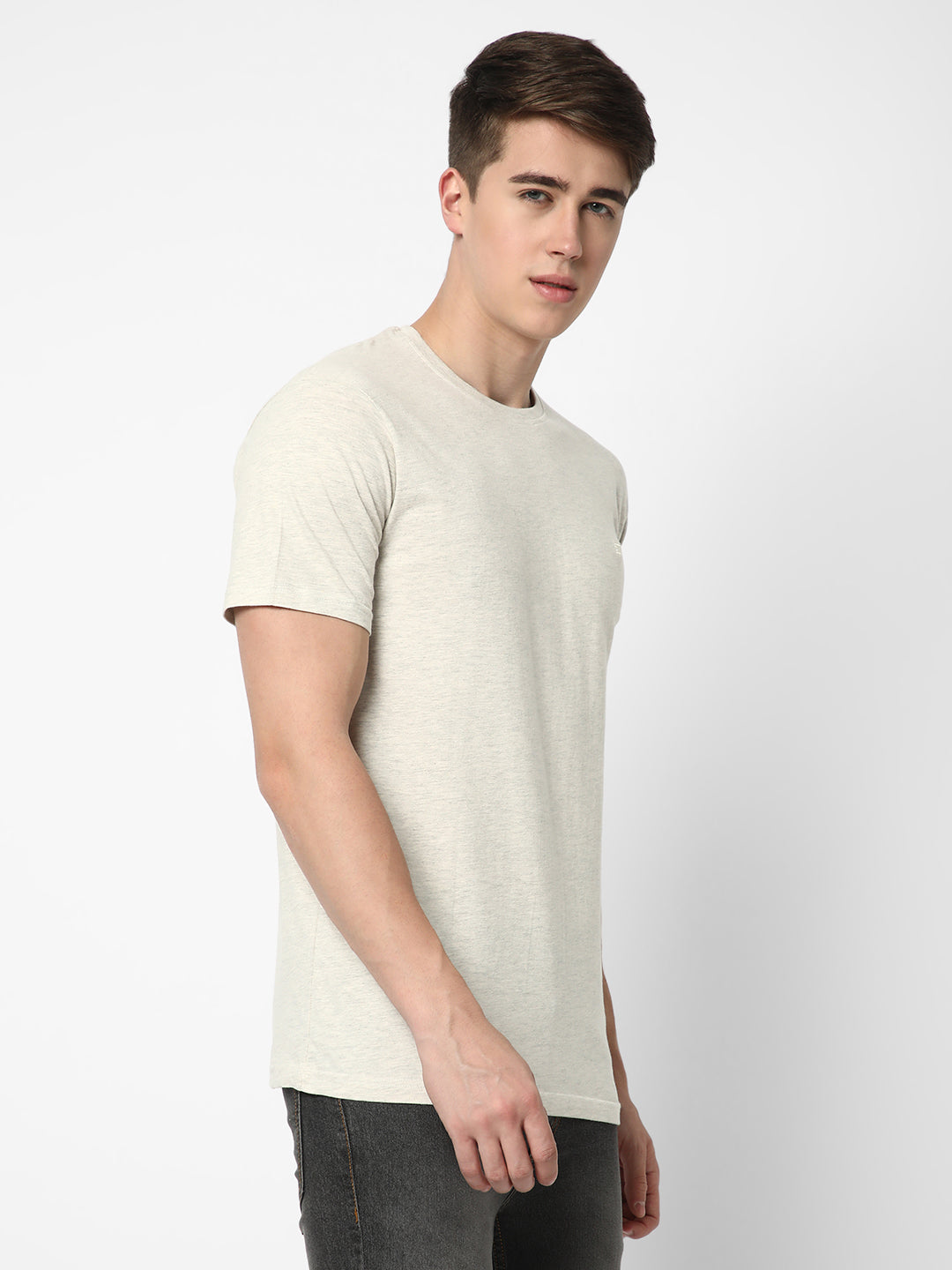 Cotstyle Cotton Fabrics Round Neck Short Length Plain Half Sleeve Casual & Daily Wear Men's T-Shirts -  Pack of 1 - Oatmeal Melange