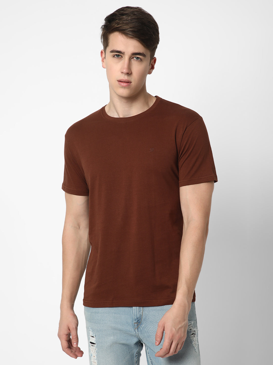 Cotstyle Cotton Fabrics Round Neck Short Length Plain Half Sleeve Casual & Daily Wear Men's T-Shirts -  Pack of 1 - Brown
