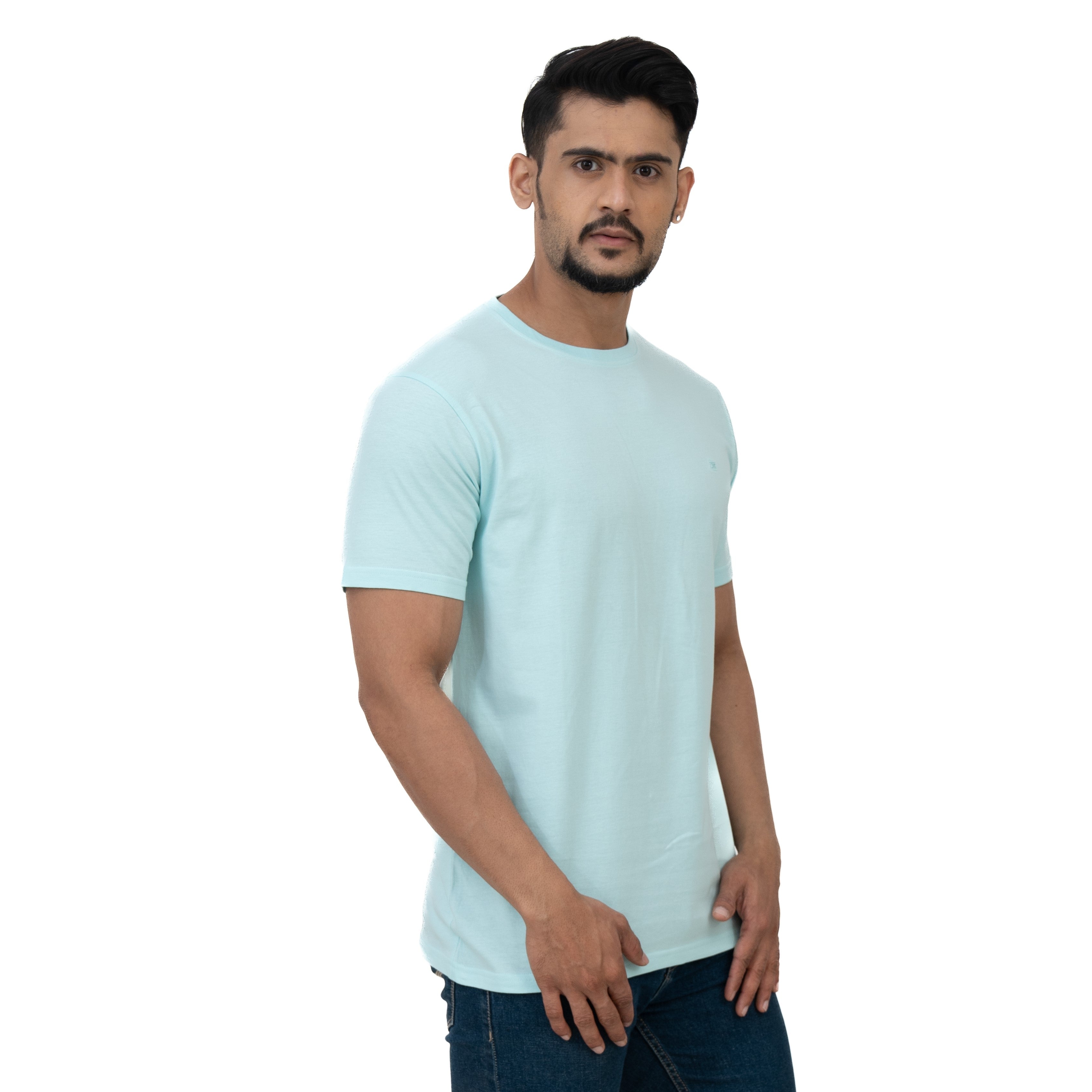 Cotstyle Cotton Fabrics Round Neck Short Length Plain Half Sleeve Casual & Daily Wear Men's T-Shirts -  Pack of 1 - Clear Water