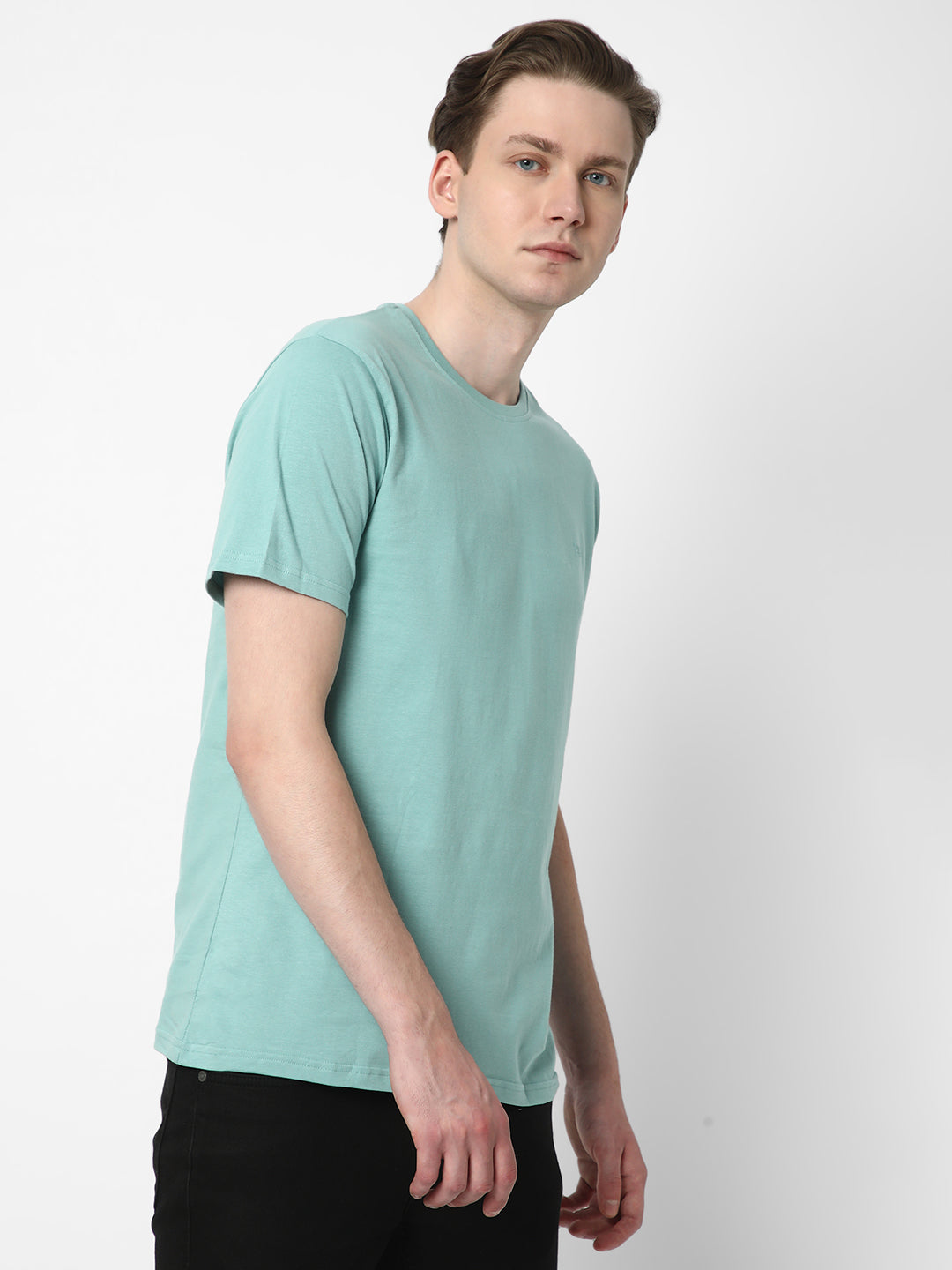 Cotstyle Cotton Fabrics Round Neck Short Length Plain Half Sleeve Casual & Daily Wear Men's T-Shirts -  Pack of 1 - Nile Blue