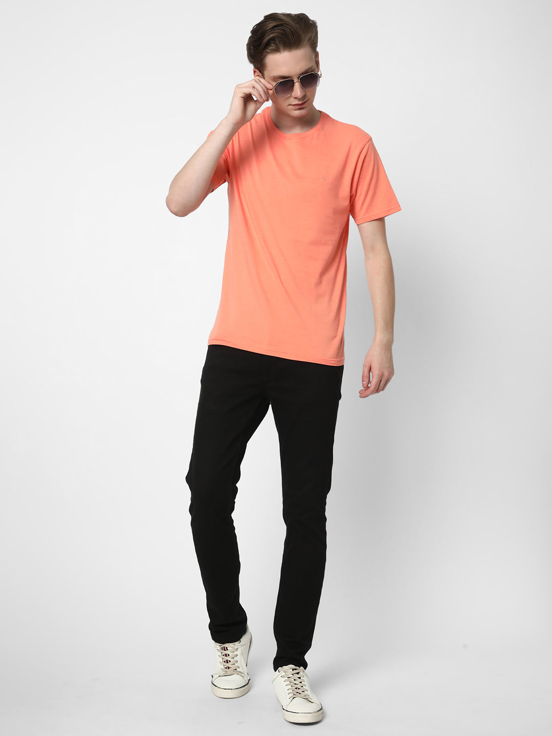 Cotstyle Cotton Fabrics Round Neck Short Length Plain Half Sleeve Casual & Daily Wear Men's T-Shirts -  Pack of 1 - Fusion Coral