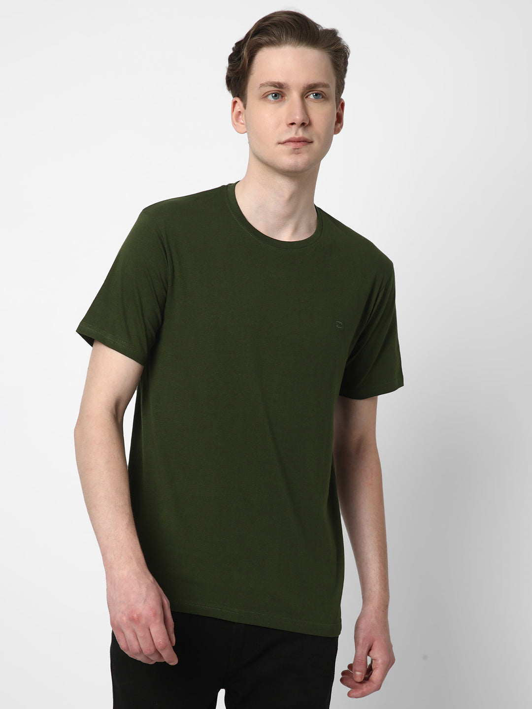 Cotstyle Cotton Fabrics Round Neck Short Length Plain Half Sleeve Casual & Daily Wear Men's T-Shirts -  Pack of 1 - Rifle Green