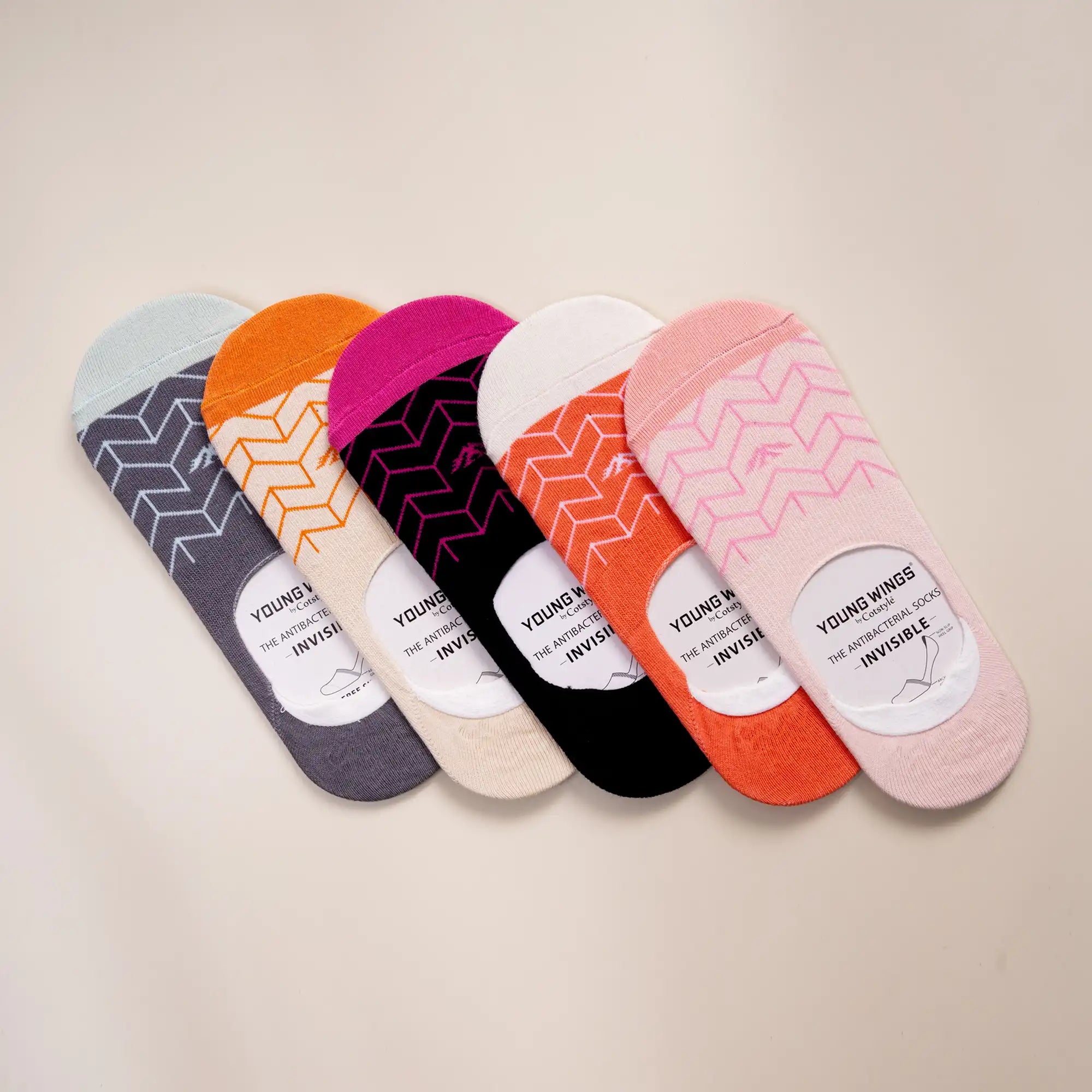 Young Wings Women's Multi Colour Cotton Fabric Design No-Show Socks - Pack of 5, Style no. 9009-W1
